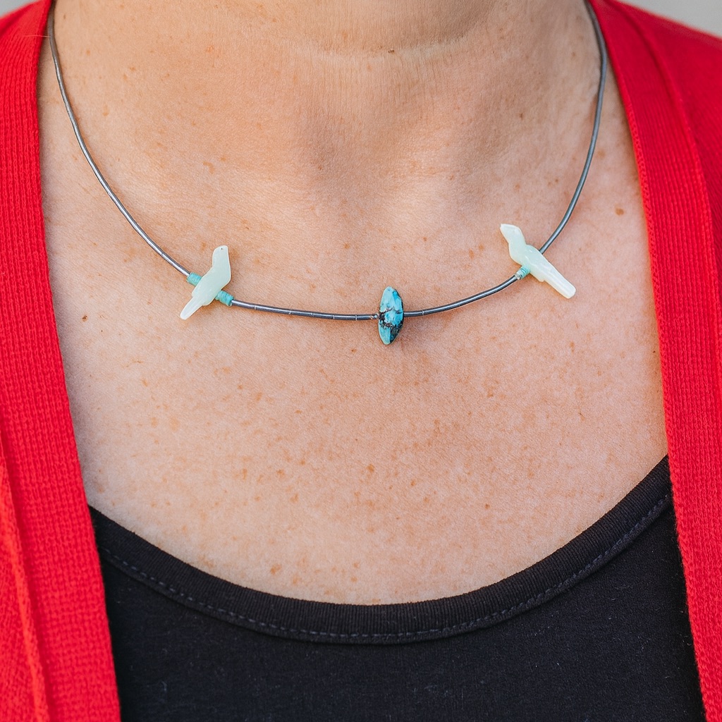 Vintage Zuni Fetish Mother Of Pearl & Turquoise Liquid Silver & Heishi Beads